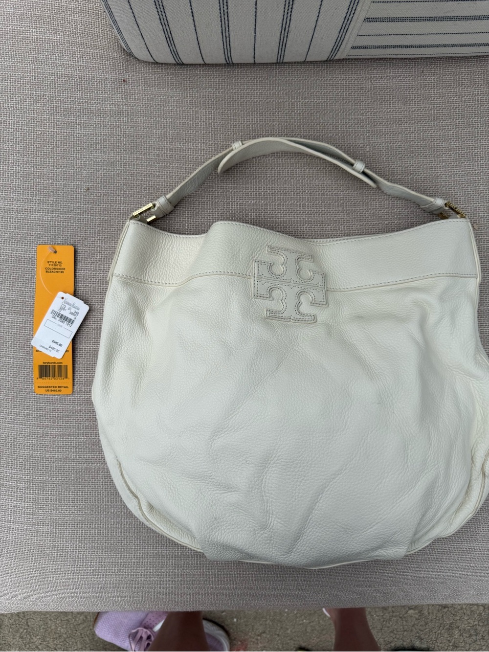 Tory Burch Cream Pebbled Leather Shoulder Hobo with Logo